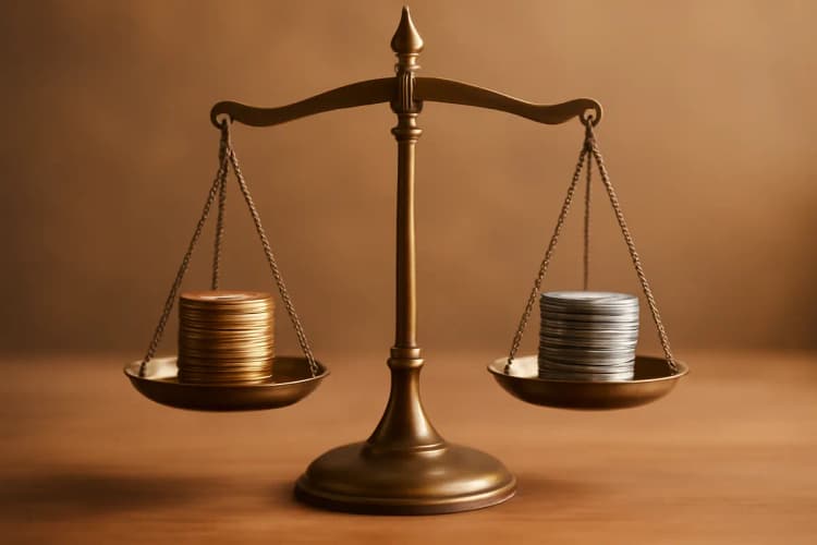 Uma balança da justiça com moedas de ouro e prata em cada prato, representando o cálculo de direitos.