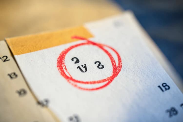 Um calendário com um dia marcado com um círculo vermelho