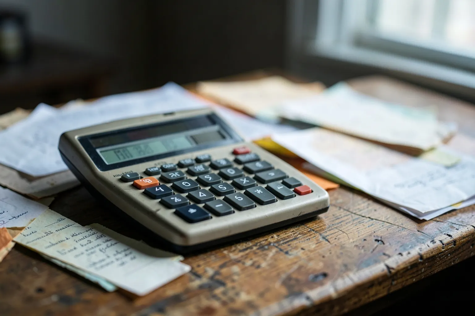 Uma calculadora antiga sobre uma mesa de madeira com alguns papéis ao lado