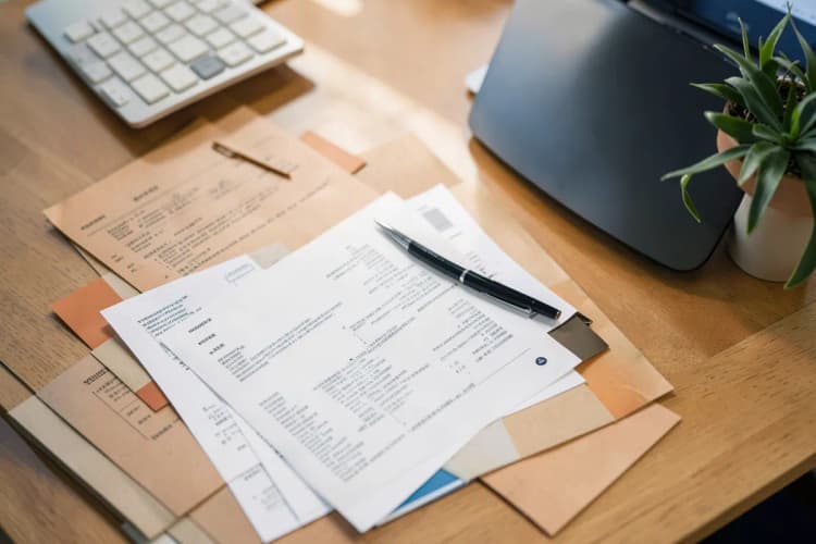 Uma mesa de escritório com documentos, caneta e um computador desligado, com uma planta pequena ao lado.