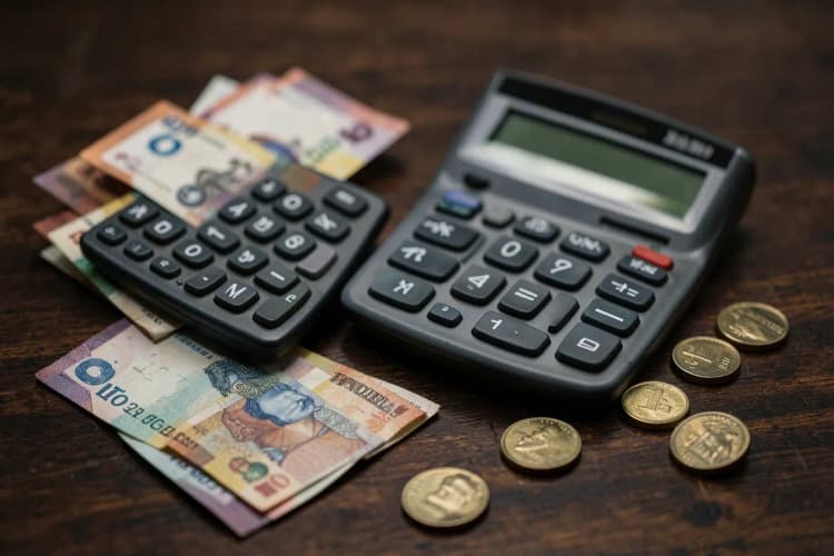 Uma calculadora ao lado de algumas notas de dinheiro e moedas sobre uma superfície de madeira escura.