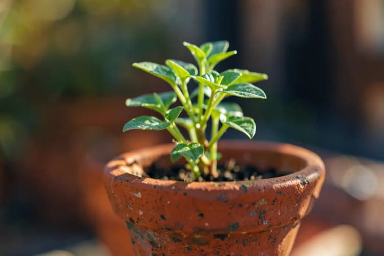 Uma planta crescendo em um vaso, com o sol brilhando ao fundo.