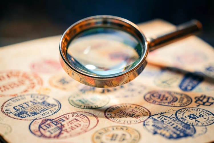 Uma lupa examinando um documento com selos e carimbos.