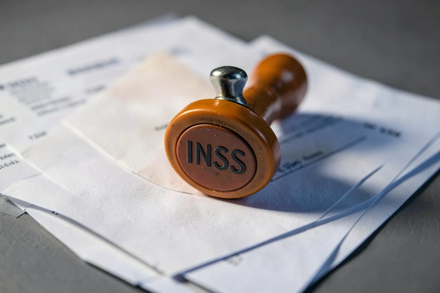 Um carimbo oficial do INSS em cima de papéis e documentos, com uma lupa focando em um selo.