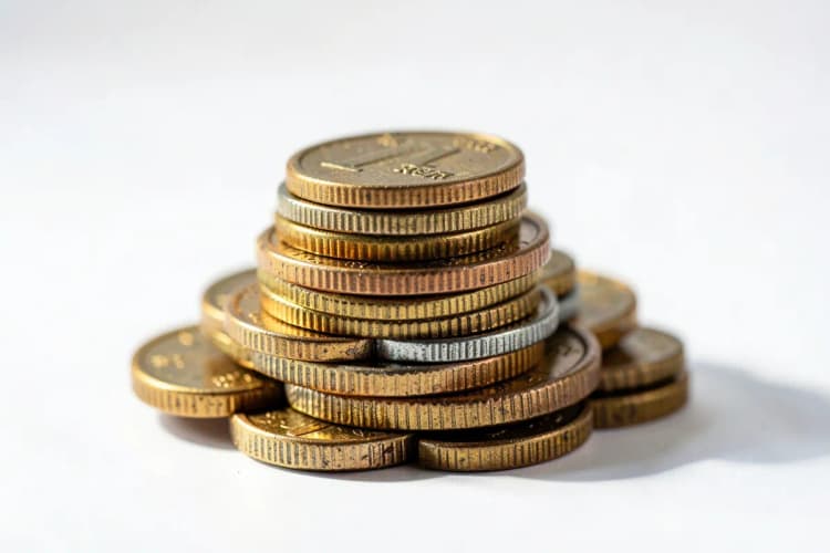 Uma pilha de moedas brasileiras empilhadas em forma de pirâmide.
