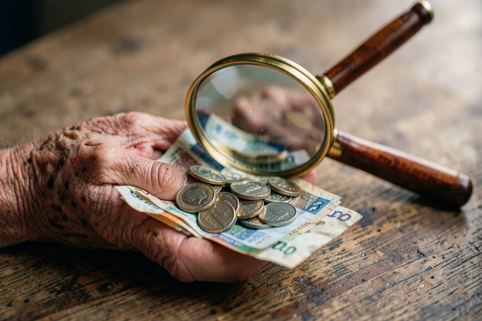Uma mão idosa segurando moedas e notas de dinheiro, com uma lupa sobre elas.