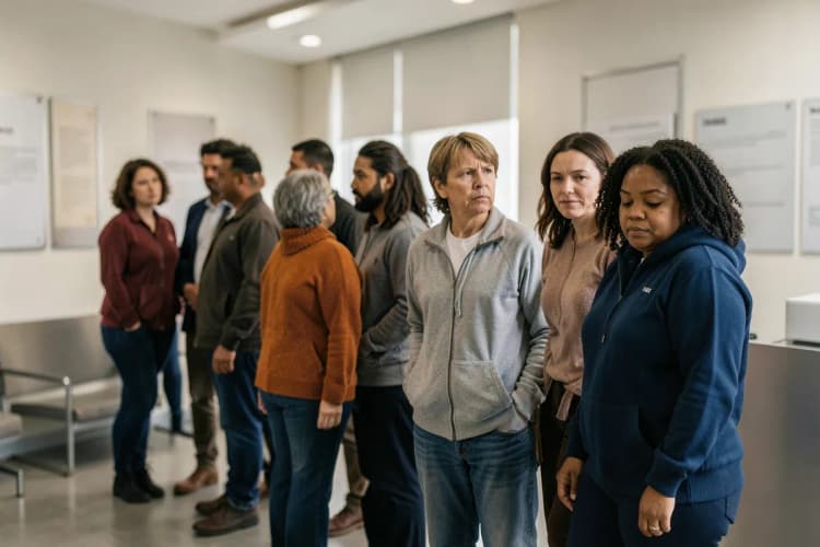 Quem tem direito a benefícios por incapacidade: grupo de pessoas diversas em fila no INSS