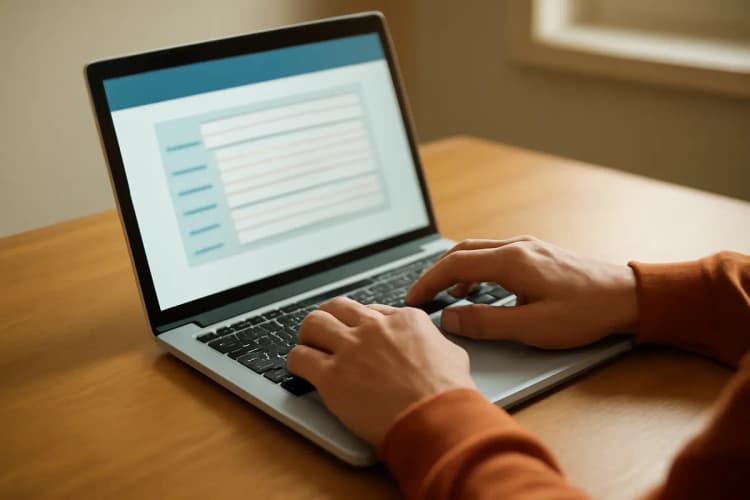 Como solicitar benefícios por incapacidade: mão preenchendo formulário do INSS online em um laptop
