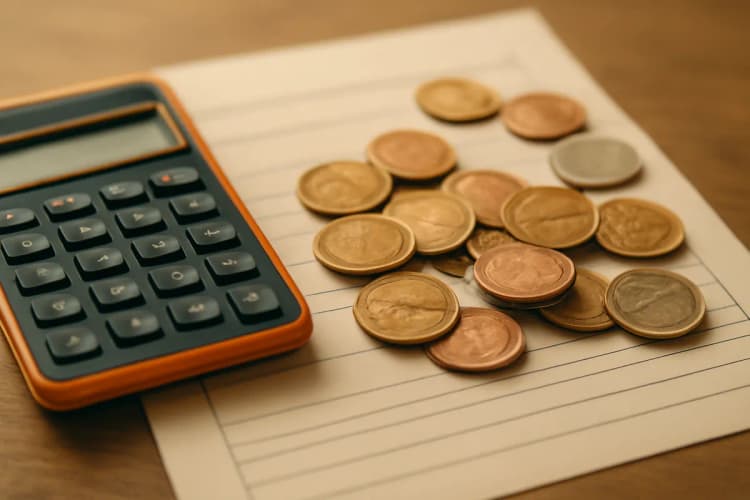 Valor dos benefícios por incapacidade: calculadora e moedas em cima de contracheque do INSS