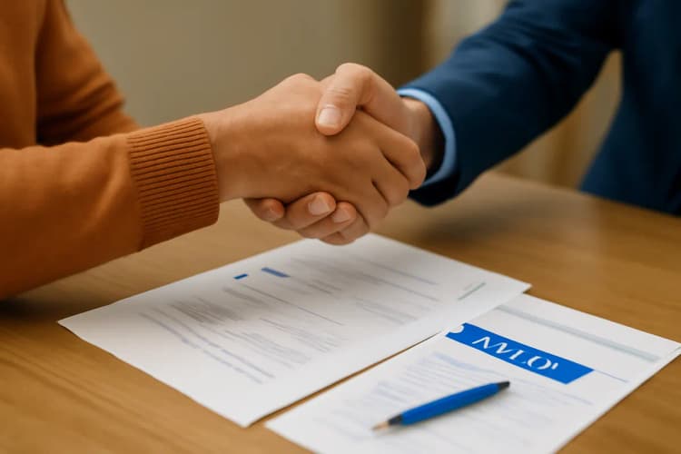 Consultoria previdenciária: aperto de mãos sobre mesa com documentos do INSS