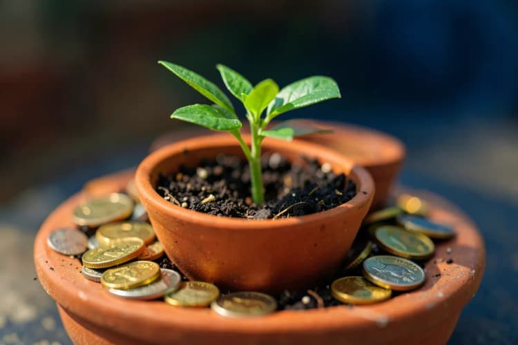 Uma planta crescendo em um vaso com moedas ao redor, simbolizando o tempo de contribuição.