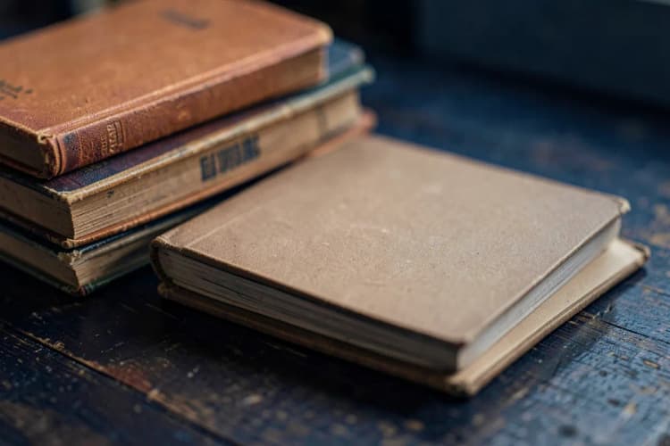 Uma pilha de livros antigos e um bloco de notas fechado sobre uma mesa de madeira.