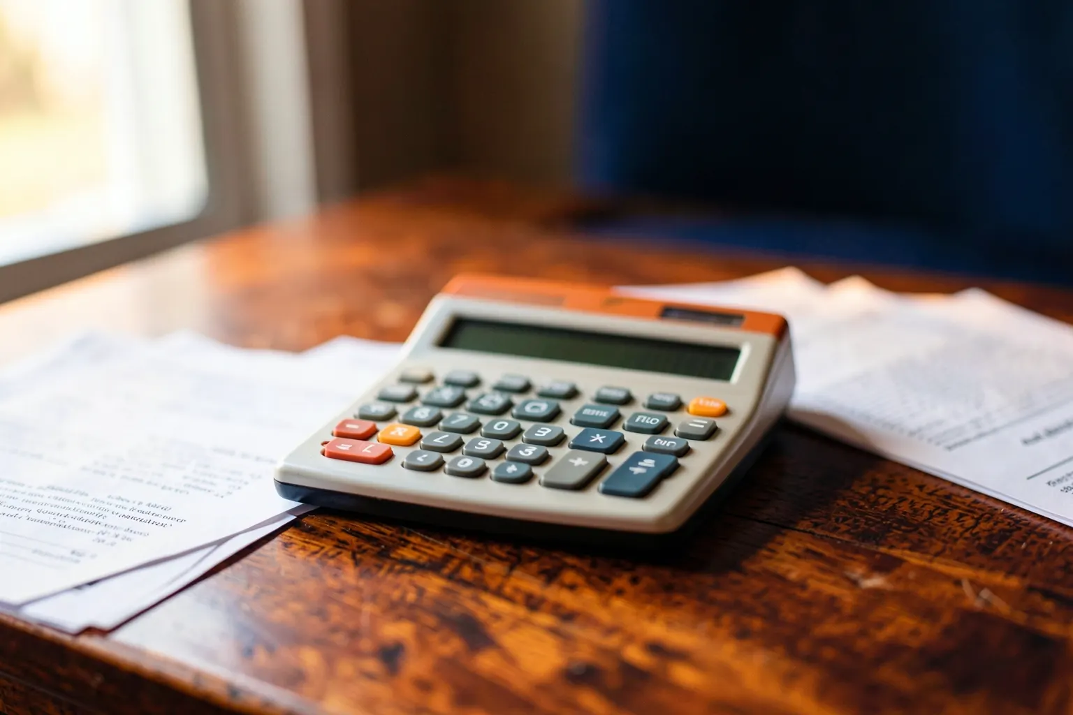 Cálculo de aposentadoria com calculadora e documentos sobre mesa.