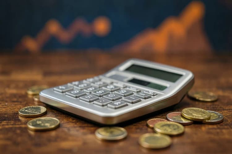 Calculadora mostrando números e moedas brasileiras ao lado de um gráfico simulando crescimento financeiro