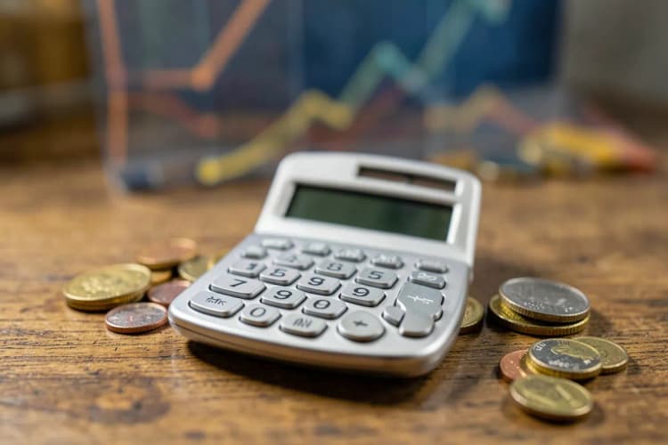 Calculadora mostrando números e moedas brasileiras ao lado de um gráfico simulando crescimento financeiro