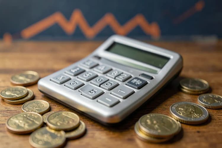 Calculadora mostrando números e moedas brasileiras ao lado de um gráfico simulando crescimento financeiro