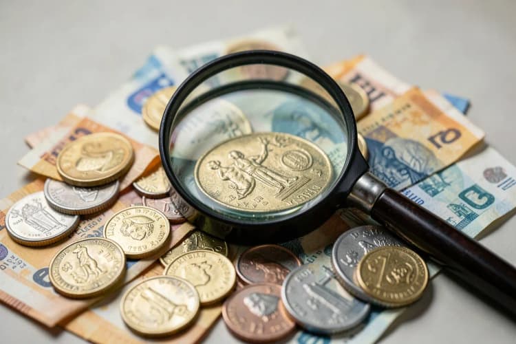 Uma lupa examinando detalhadamente moedas e notas de dinheiro brasileiras
