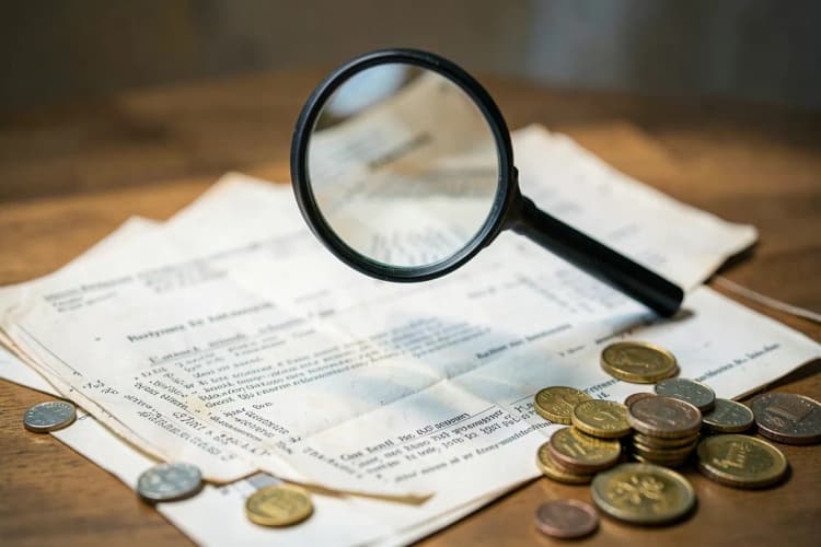Uma pessoa analisando documentos de aposentadoria com uma lupa em uma mesa com moedas