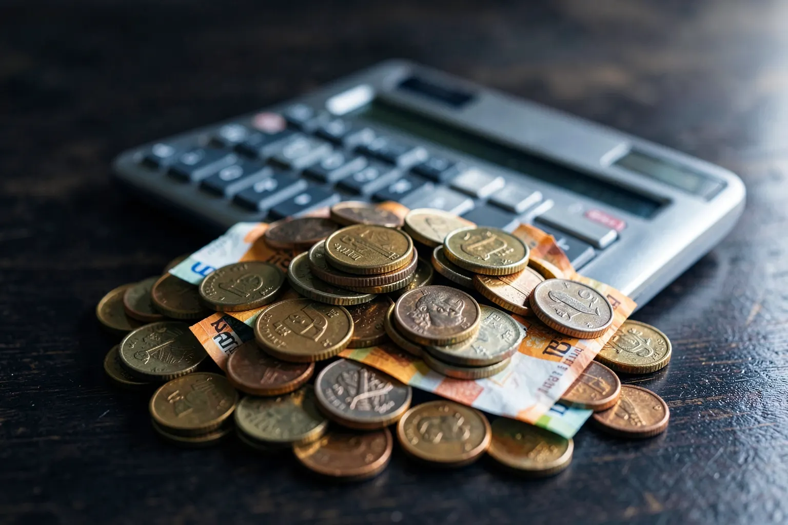 Moedas e notas de dinheiro empilhadas com uma calculadora ao lado em um fundo de madeira escura