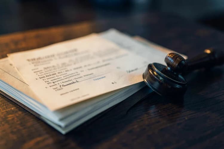 Uma pilha de documentos legais e um carimbo em uma mesa de madeira escura.