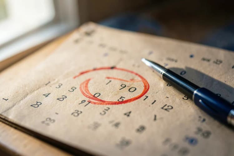 Um calendário com a data marcada em vermelho e uma caneta ao lado.