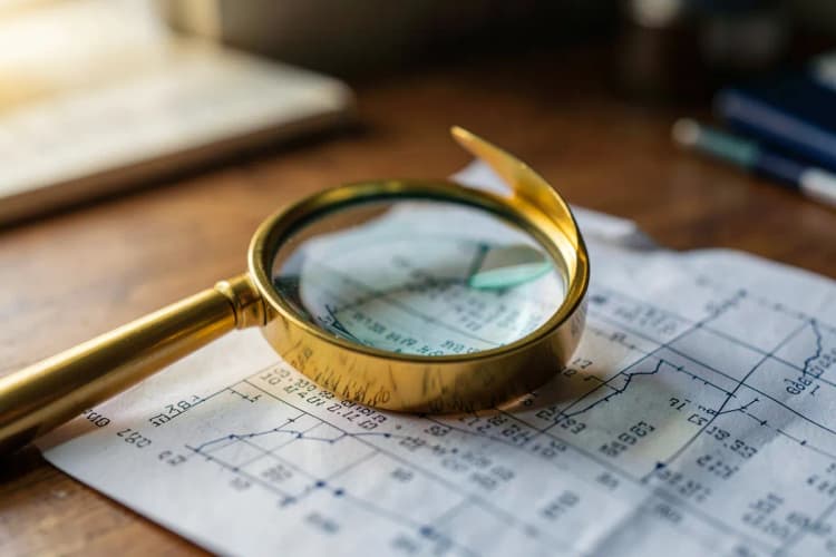 Uma lupa examinando um documento com gráficos e números.