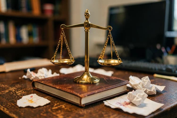 Uma balança da justiça dourada em cima de um bloco de notas fechado e papéis amassados em uma mesa de madeira escura, plano detalhe, luz de escritório vinda de cima, sem pessoas.