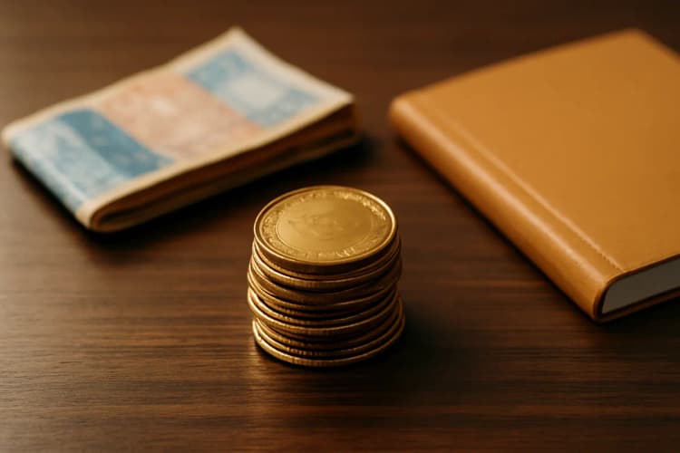 Uma pilha de moedas de ouro e notas de dinheiro dobradas ao lado de um bloco de notas fechado em uma mesa de madeira escura, plano médio, luz de escritório vinda de cima, sem pessoas.