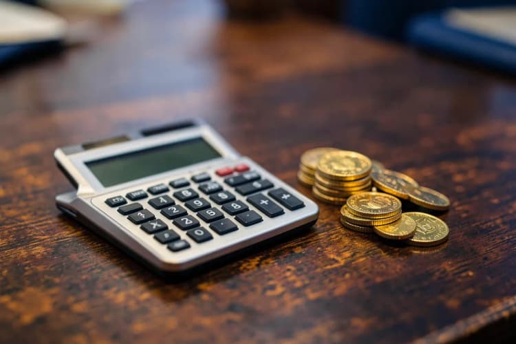 Uma calculadora e uma pilha de moedas de ouro em uma mesa de madeira escura, plano detalhe, luz de escritório vinda de cima, sem pessoas.