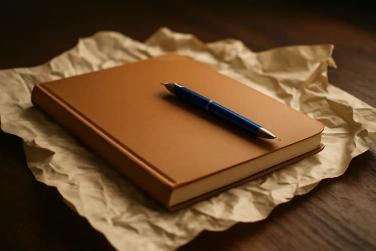 Um bloco de notas fechado e uma caneta sobre papéis amassados em uma mesa de madeira escura, plano detalhe, luz de escritório vinda de cima, sem pessoas.