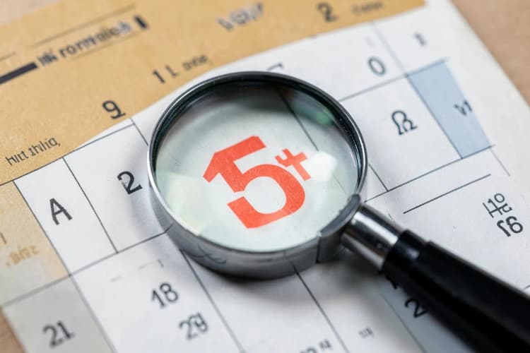 Um calendário com o dia 15 marcado em vermelho e uma lupa focando nele, simbolizando o prazo para a prova de vida.