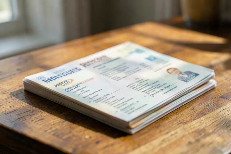 Uma pilha de documentos de identidade e comprovantes de residência organizados sobre uma mesa de madeira.