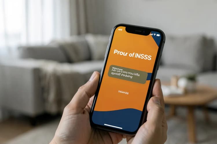 Uma mão segurando um smartphone exibindo o aplicativo Meu INSS com a notificação "Pendência de Prova de Vida".