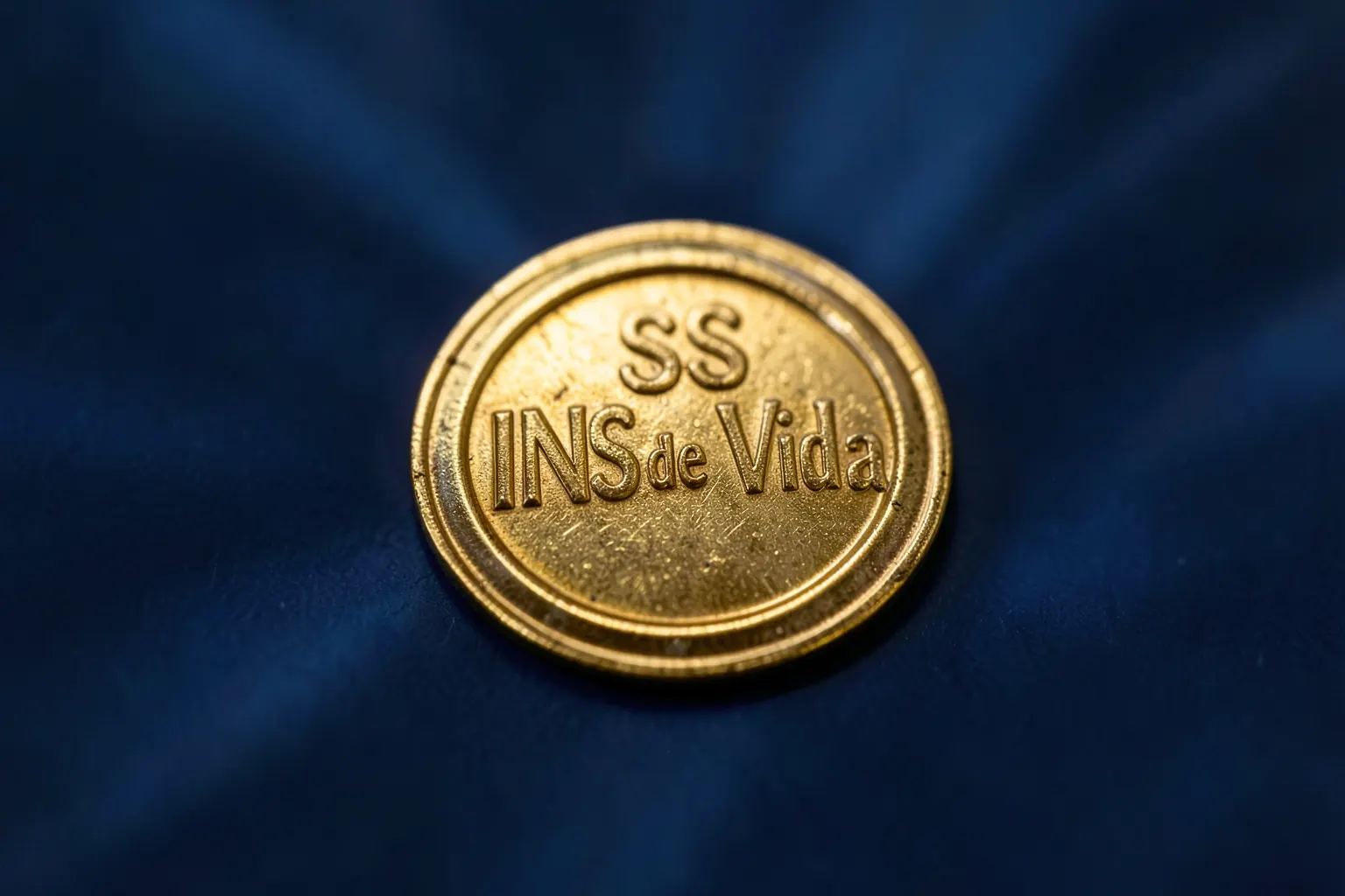 Um selo dourado do INSS com o texto "Prova de Vida" em relevo, sobre um fundo azul escuro com raios de luz sutis.