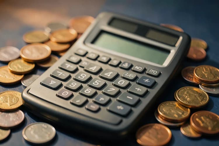 Calculadora mostrando um valor e moedas ao lado