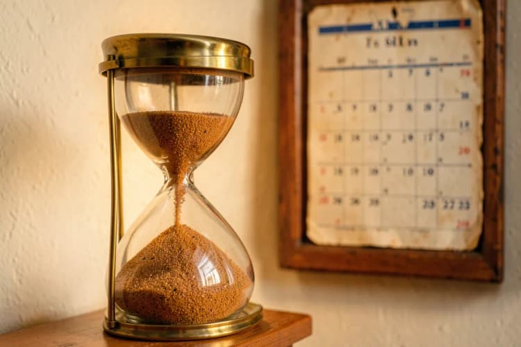 Ampulheta com areia escorrendo e um calendário ao fundo