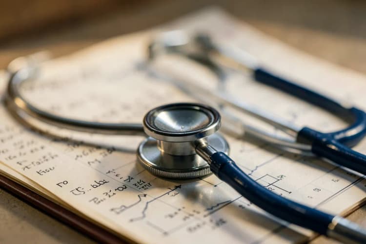 Prontuário médico aberto com um estetoscópio sobre ele