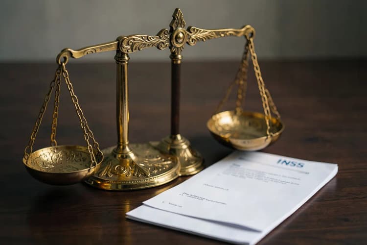 Balança da justiça com um documento do INSS ao lado