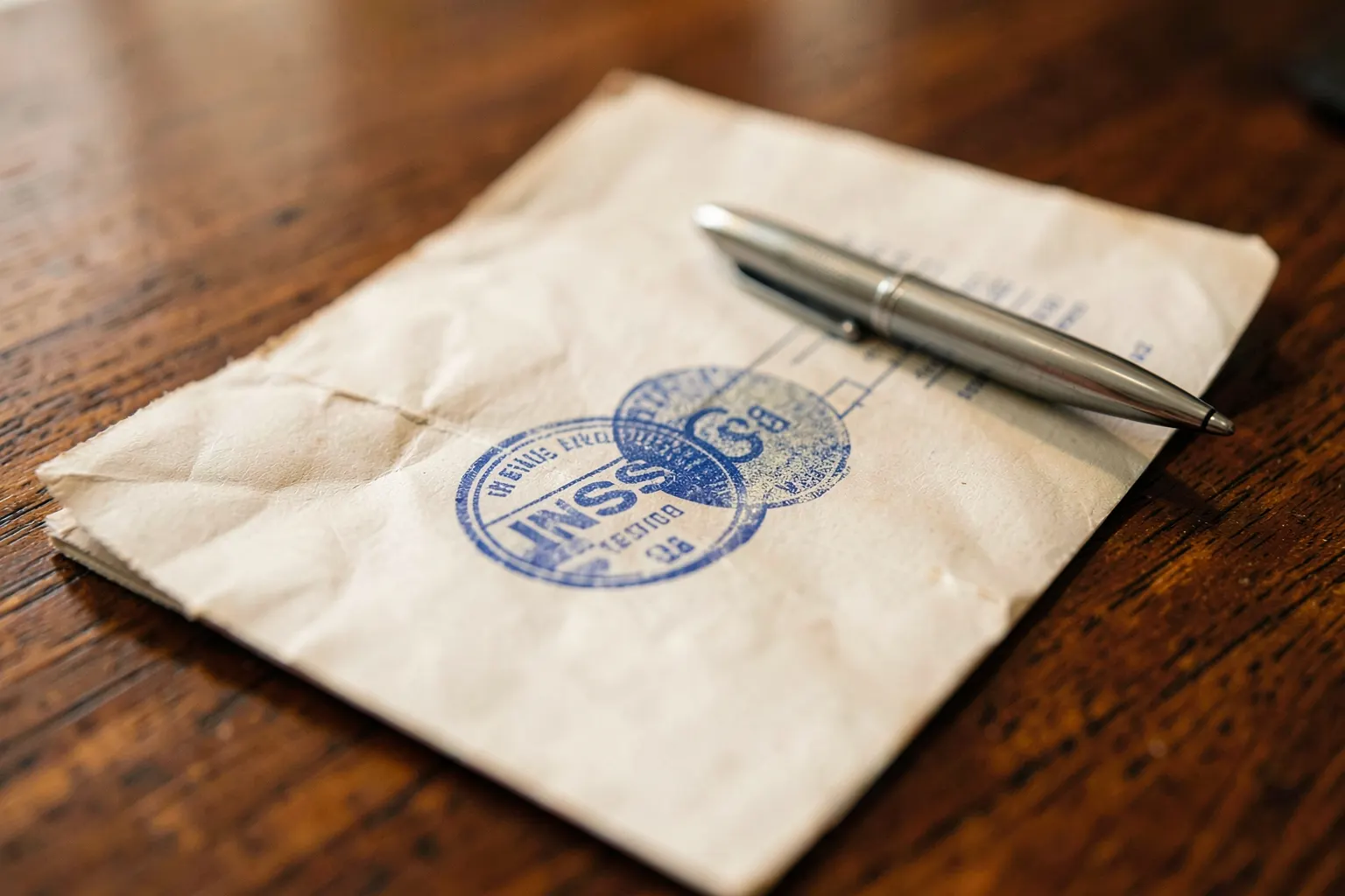 Prontuário médico com carimbo do INSS e uma caneta ao lado em cima de uma mesa