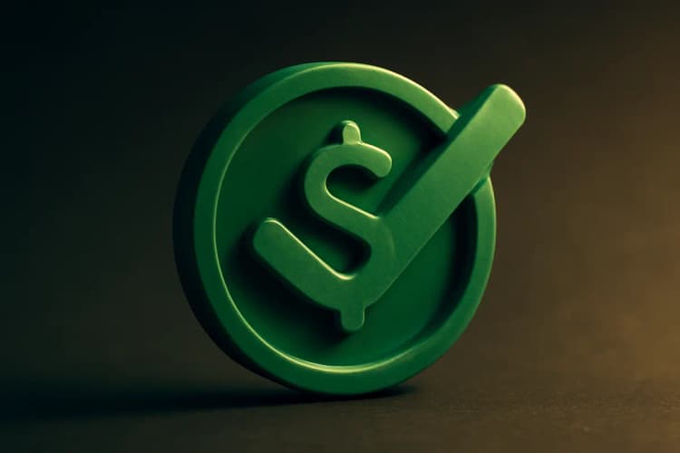 Ícone de conclusão com um checkmark verde e um cifrão