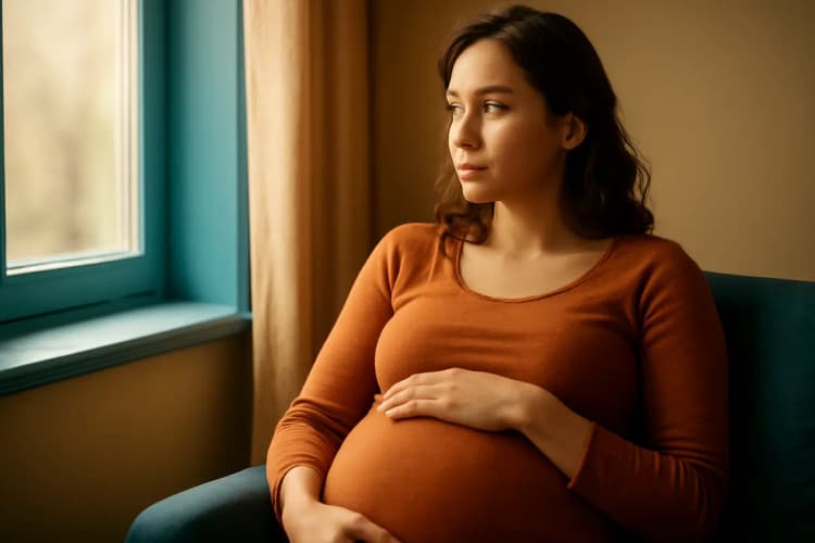 mulher grávida feliz com a palavra "salário-maternidade" em destaque