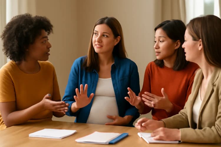 grupo de mulheres diversas discutindo sobre novas regras do salário-maternidade