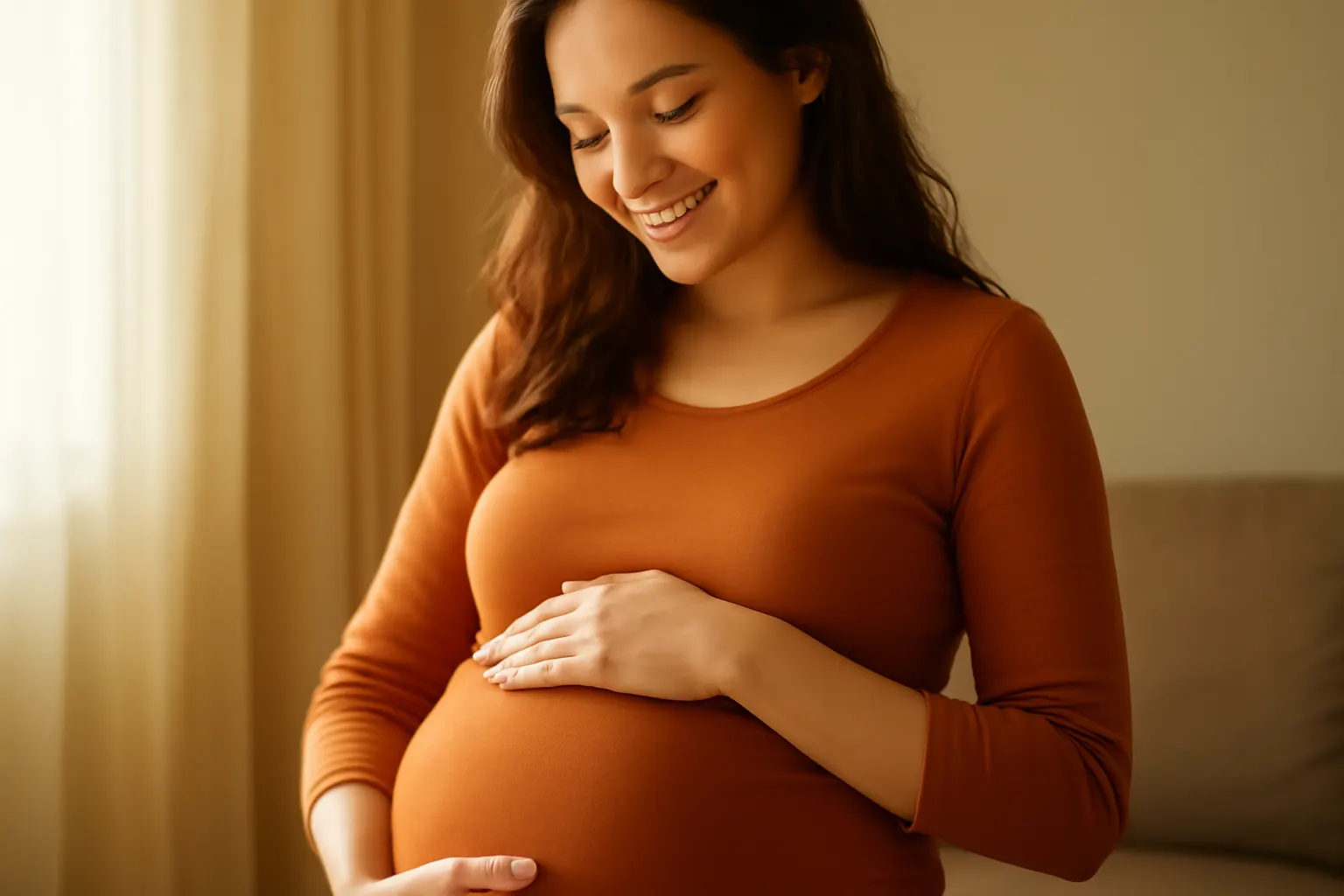 mulher grávida sorrindo, segurando a barriga, com a palavra "salário-maternidade" sutilmente integrada na imagem