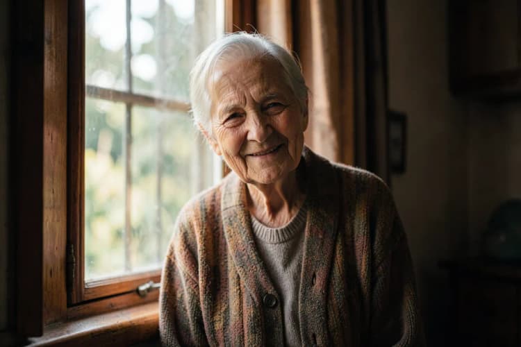 Uma pessoa idosa sorrindo, olhando pela janela de uma casa simples, com luz suave entrando.