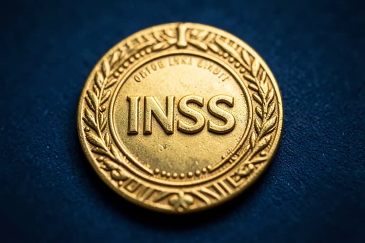 Um selo oficial do INSS em relevo dourado sobre um fundo azul escuro texturizado.