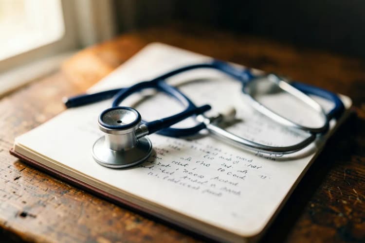 Um estetoscópio sobre um prontuário médico aberto em uma mesa de madeira, com luz suave vinda da janela.
