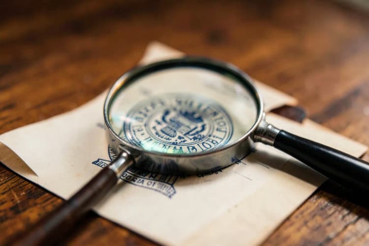 Uma lupa examinando um documento com selo oficial, sobre uma mesa de madeira.