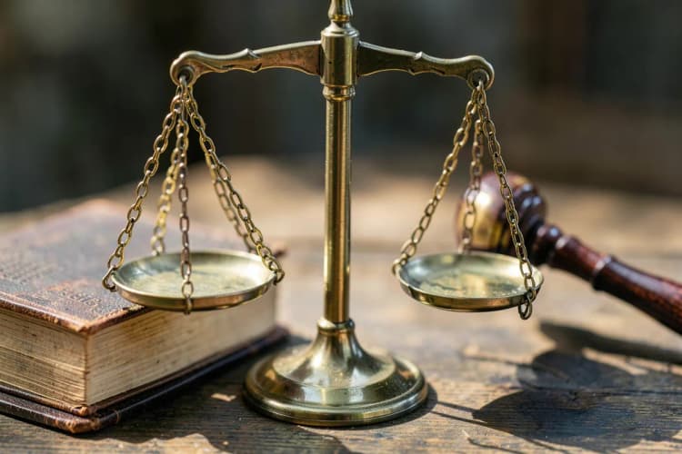 Uma balança da justiça com um livro de leis em um lado e um martelo de juiz no outro.