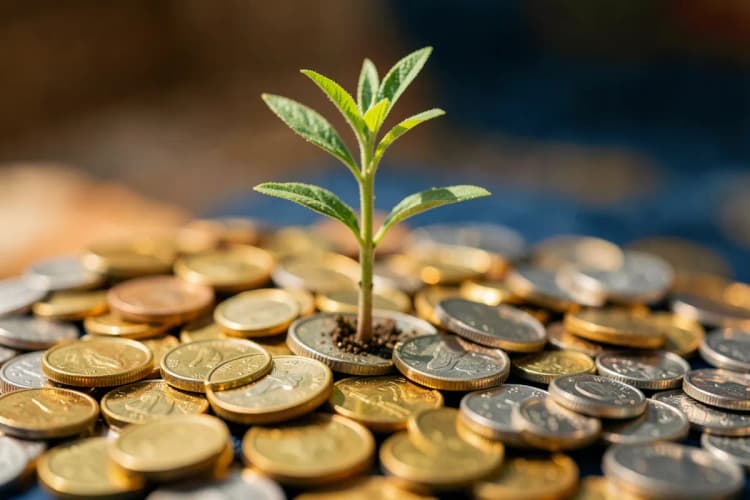 Uma mão segurando uma pequena planta crescendo de moedas.