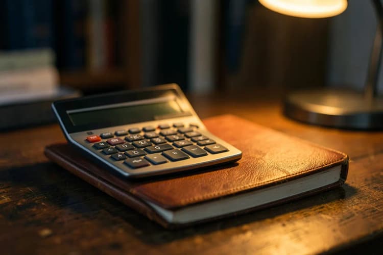 Uma calculadora e um bloco de notas fechado sobre uma mesa de madeira.